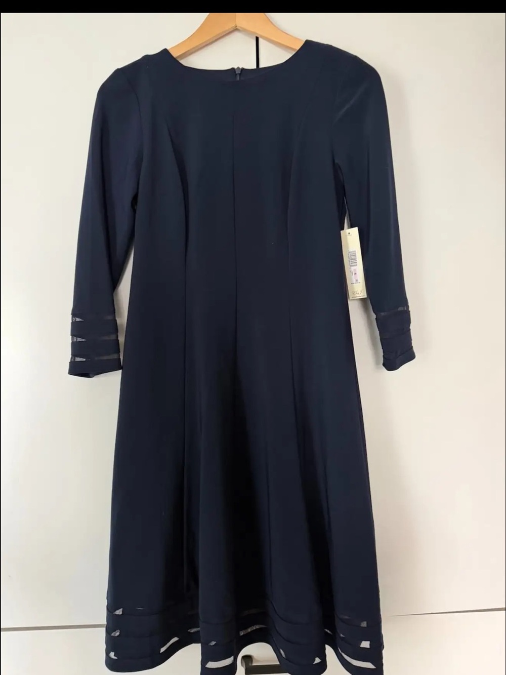 Eliza J Navy Midi A-Line Dress with Sheer Stripe Accents - Picture 2 of 3